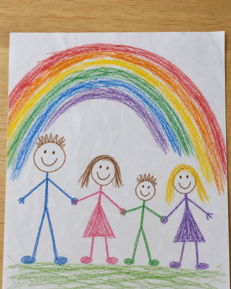 A child's drawing of a family in crayon, under a rainbow.