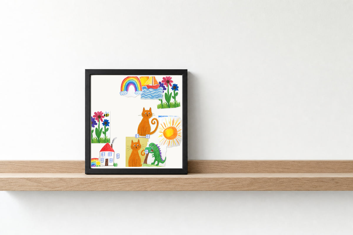A square piece in a black frame leaning on an oak picture ledge.
