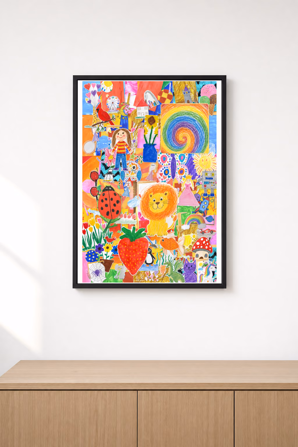 The finished piece in a black frame on a white wall.